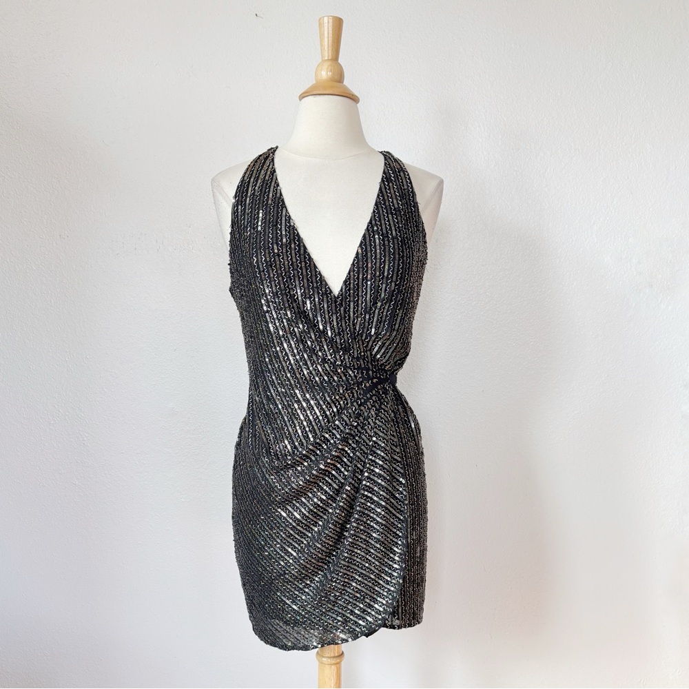 Parker Silk Black Embellished Mini Wrap Dress